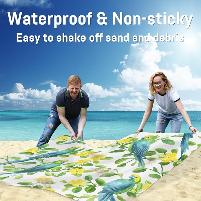 Waterproof Sandproof Beach Blanket 59''×68'' Watercolor Parrot Polyester Outdoor Picnic Blanket with 4 Stakes &amp Storage Bag for BeachCampingVacation White