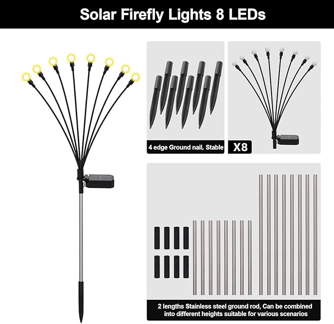Firefly Lights Solar Outdoor 8 Modes 800mAh Swaying Solar Firefly Garden Lights Stakes Outdoor Waterproof for Outside Yard Patio Plant Christmas Holiday Garden Decor Warm White(8 Pack)