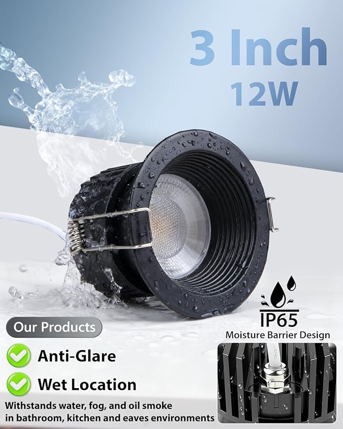 Adetu 3 Inch 5CCT Black Anti-Glare LED Downlight with Junction Box 2700K/3000K/4000K/5000K Selectable CRI90+ 12W COB 1160LM IP65 Waterproof Dimmable-ETL and Energy Star Certified (Black6 Pack)