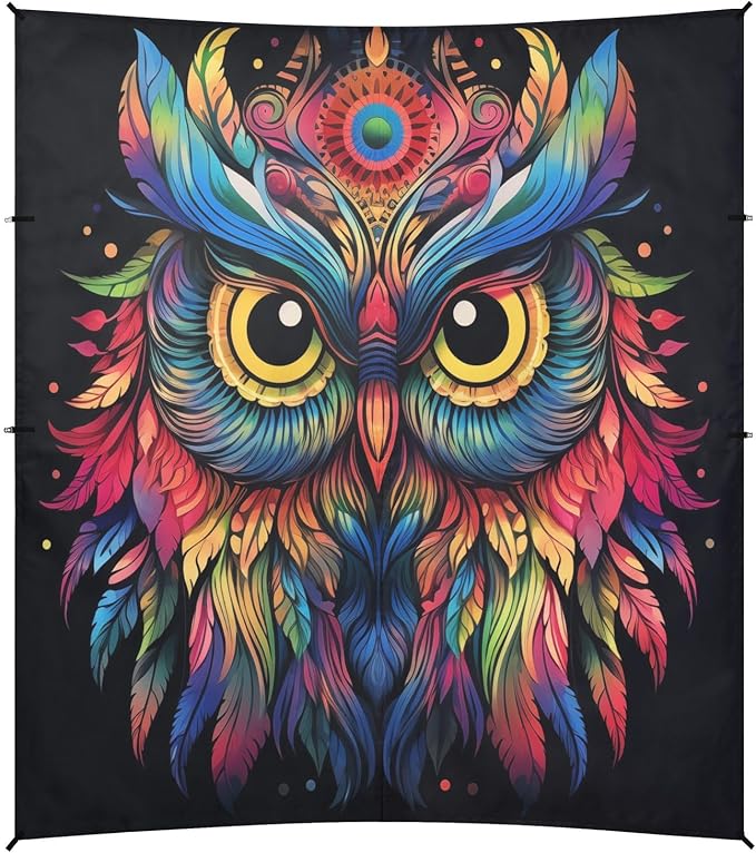 ALAZA Rainbow Owl Print Boho Beach Tent Sun Shelter UPF50+ Protection Beach Shade Canopy w/ 4 Sandbags for Outdoor Camping Fishing Backyard Fun Picnic 10x9 ft
