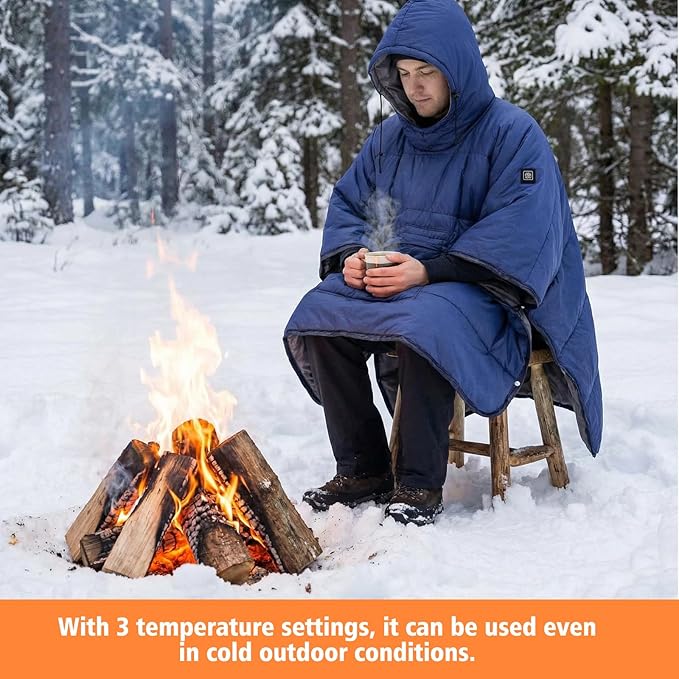 Preboun Heated Blanket Battery Operated 3-temp Thermal Poncho Sleeping Bag Winter Wearable Hooded Water Resistant Cloak Cape with Portable Sack for Men Women Outdoor Sport Backpacking Hiking Hunting
