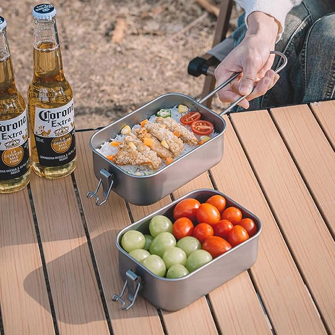 1200ml Titanium Lunch Box with Leak-Proof Lid Camping Cookware Lightweight Outdoor Cooking Pan for Backpacking Hiking Picnic &amp Travel Durable (1200ml without handle)