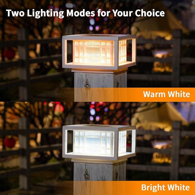 HUYIENO Solar Post Cap Lights Large Outdoor Deck Fence Post Lights 50Lumens Brightness Warm/Bright White Lighing Modes for 4x4 5x5 Vinyl Posts 4x4 5x5 6x6 Wooden Posts (White 2pk)