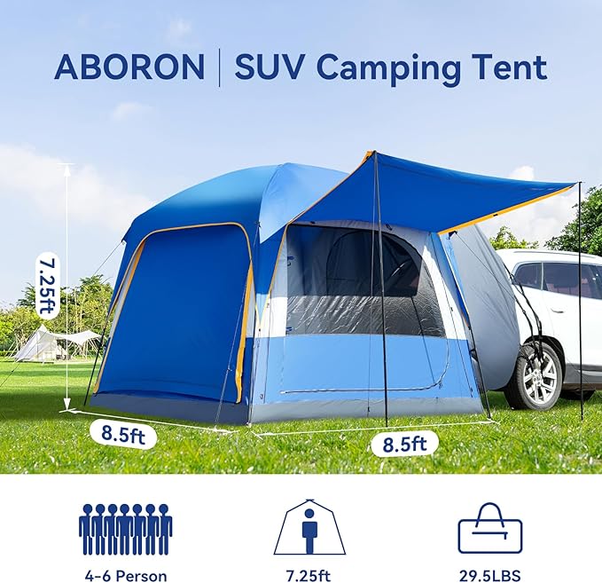 ABORON SUV Tent 4/6 Person Waterproof SUV Camping Tent Easy Setup Car Tent with Rainfly &amp Awning for Family Outdoor Adventures