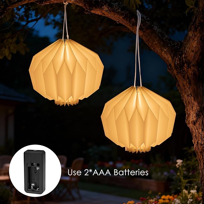 Battery Operated Outdoor Paper Lantern — 2Pack Waterproof Hanging Decorative Light with Remote Timer Foldable Pendant Paper Lantern for Patio Garden Backyard Porch Decor