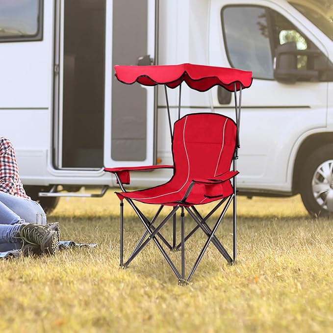 Goplus Camping Chair with Canopy Shade Folding Lawn Chair with Umbrella Cup Holder &amp Carry Bag Portable Sunshade Chair for Adults for Beach Outdoor Travel Hiking Fishing (Red)