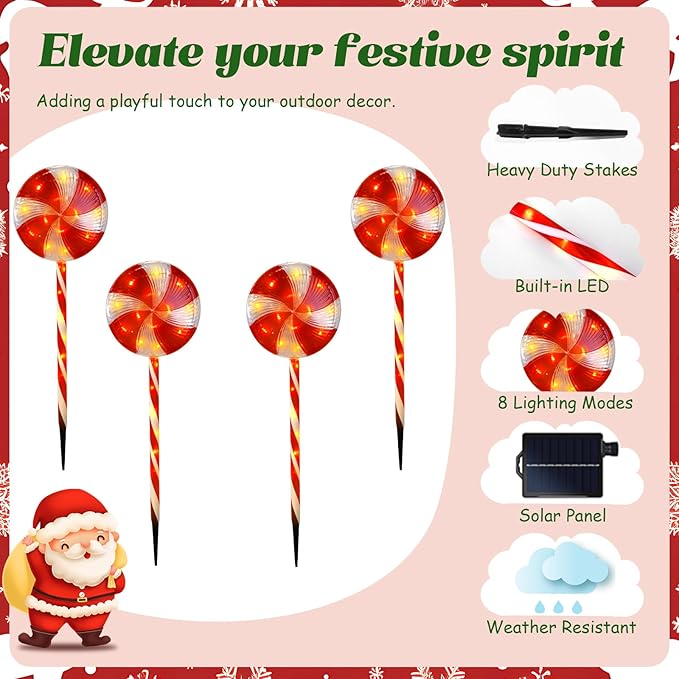 Candy Christmas Decorations Pathway Outdoor Solar Lights 29 inches 80 LED Lighted Lollipop Solar Christmas Lights with 8 Modes Waterproof String Lights Outdoor Lights for Yard Patio Walkway-4PCS