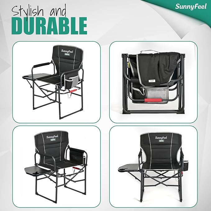 SUNNYFEEL Heated Camping Directors Chair Heavy DutyOversized Outdoor Portable Heating Folding Chair with Side Table Pocket for Beach FishingTripPicnicLawnConcert Foldable Camp Chairs
