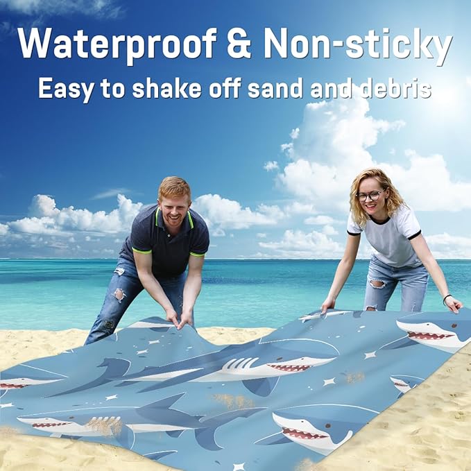 Waterproof Sandproof Beach Blanket 59''×68'' Ocean Sharks Polyester Outdoor Picnic Blanket with 4 Stakes &amp Storage Bag for BeachCampingVacation Blue