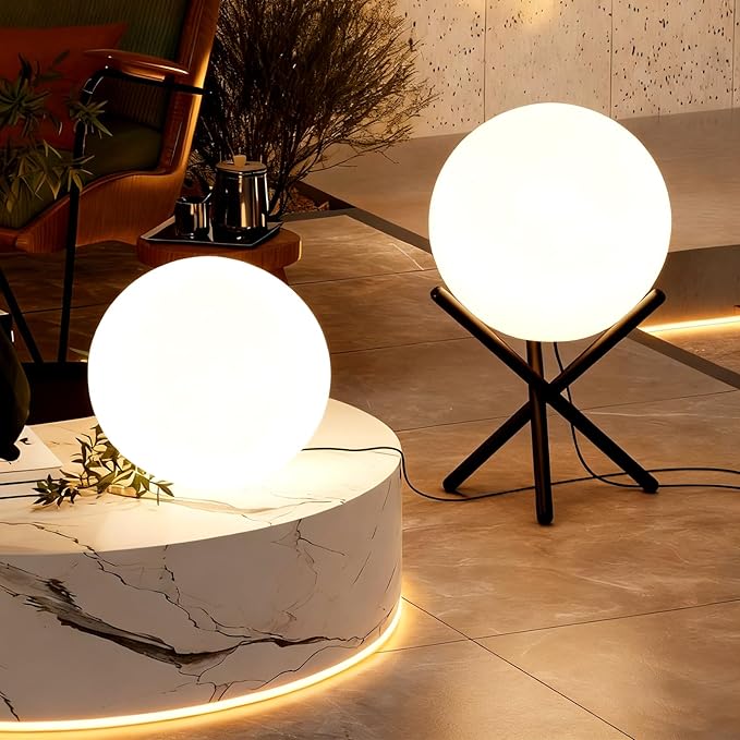 Lightdot Outdoor Floor Lamp 12-Inch LED Ball Light with Milky White Waterproof Shade - 10W 3000K Corn Globe Floor Lamps with Stable Black Tripod Base for Patio Garden Living Room Bedroom Plug&amp