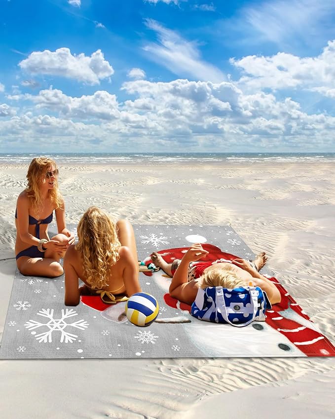 Beach Blanket Waterproof Sandproof Christmas Snowman Snowflake on Gray Quick Drying Beach Mat with 4 Stakes Winter White Snow Seamless Lightweight Picnic Blanket for Travel Camping 118x108