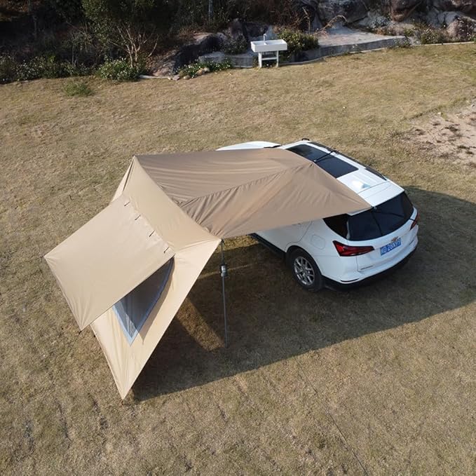 10x16 ft Car Side Awning with Pole Camping Tarp with Screen Window Car Tent for Cars Vans SUV Sun Shelter (Khaki)