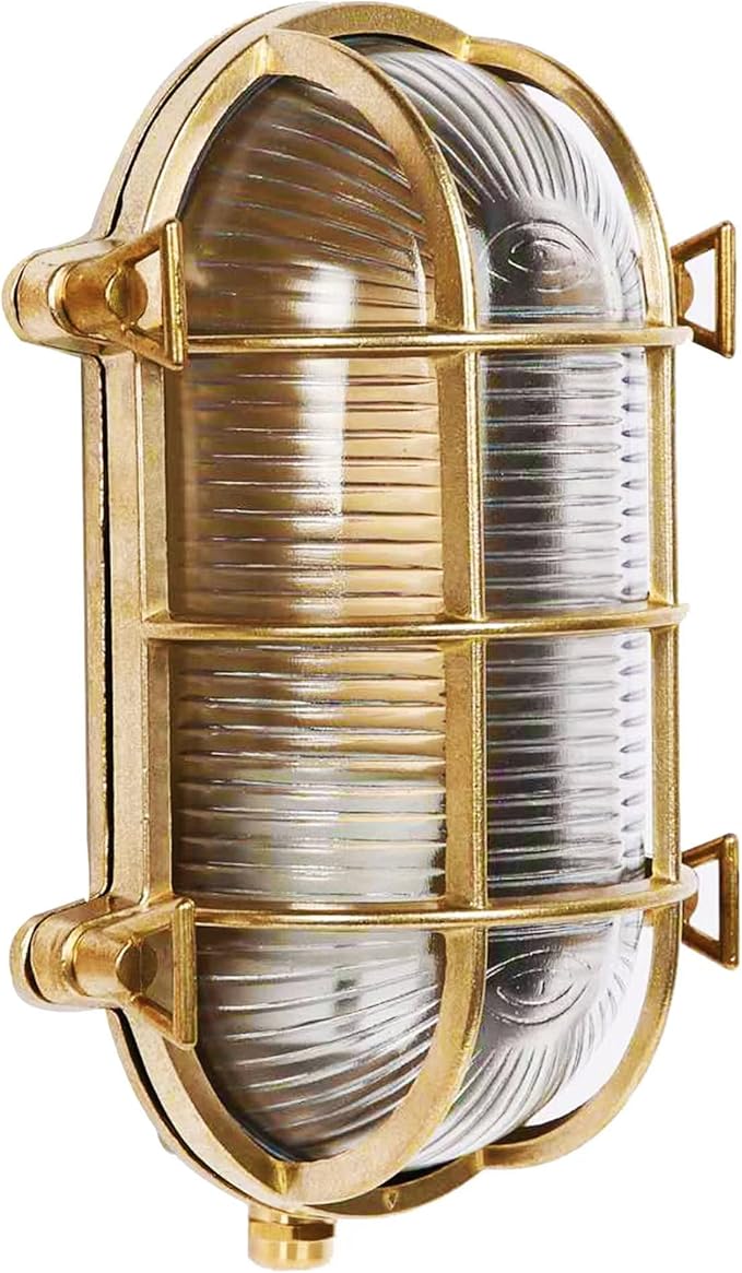 Sunluck Brass Bulkhead LightGrid Oval Nautical Wall LightLampshadeCeiling Mount LightingSauna Light Waterproof IP65Rust Resistantfor Wet Location BathSeasideShipBasementGarage