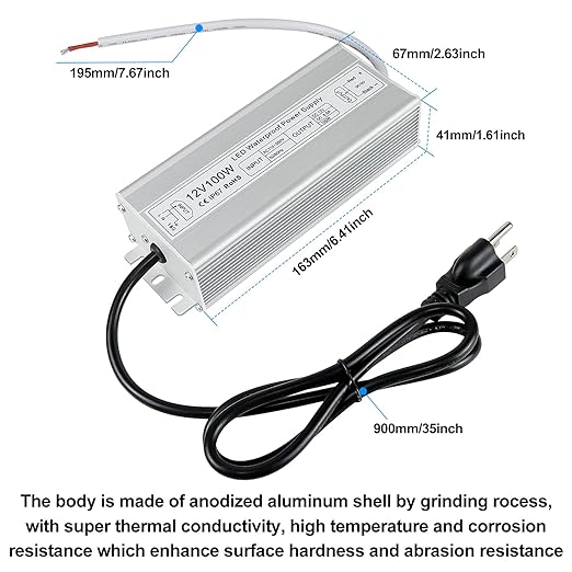 inShareplus LED Power Supply 12V 100W IP67 Waterproof Outdoor Driver AC 110-260V to DC 12V 8.5A Low Voltage Transformer Adapter with 3-Prong Plug for LED Light Computer Project Outdoor Use