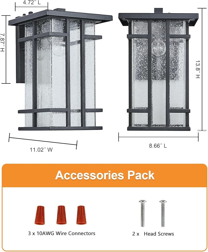 Rustic Dusk to Dawn Outdoor Wall Light Fixture 13.8H Waterproof Exterior Wall Sconces Black Metal with Seeded Glass Sensor Outdoor Wall Lantern for House Patio PorchEntrywayGarage Wall Lamps