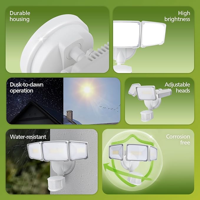 Philips 72W 7400LM LED Security Lights w/PIR Motion Sensor Outdoor 5000K Daylight Dusk to Dawn Aluminum Flood Light 3 Adjustable Heads Waterproof for Garage Yard Porch
