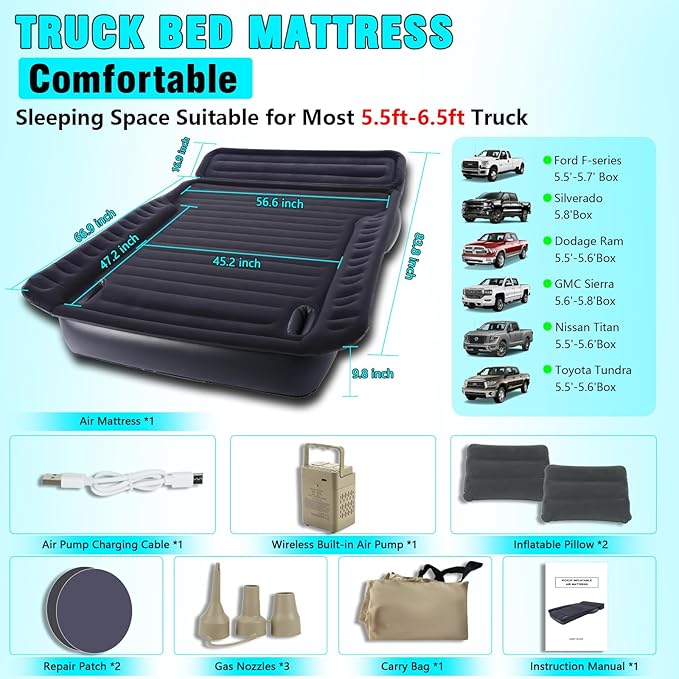 Camping Pickup Truck Bed Air Mattress 5.5-6.5FT Full Size Thickened Self Inflating Outdoor Truck Bed Mattress with Built-in USB Rechargeable Pump and 2 Pillows (84x57x10)