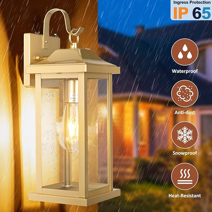 Large Gold Outdoor Sconces Dusk to Dawn 2-Pack 17 Inch Large Porch Light Photocell Brass Outdoor Light Fixtures IP65 Waterproof with Clear Glass Outside Wall Lanterns Wall Mounted Lamps