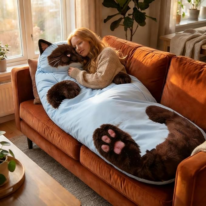 Fluffy Cat Sleeping Bag 68.9×31.5 Inch Soft Plush Warm Wearable Blanket Envelope Sleeping Bag for Camping Travel Sleepovers &amp Home Lounging (D)