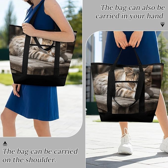 Insulated Shopping BagLarge Reusable Cooler Bags Cat Sleeping Printed Foldable Shopping BagTravel Waterproof Shoulder Bag