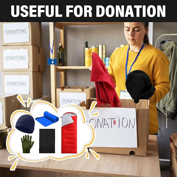 80 Pcs Homeless Care Package Sleeping Bags Adult Bulk with Winter Beanies Hat Gloves Scarf Cotton Liner Waterproof Sleeping Bag for Camping Outdoor Church Donation Emergency