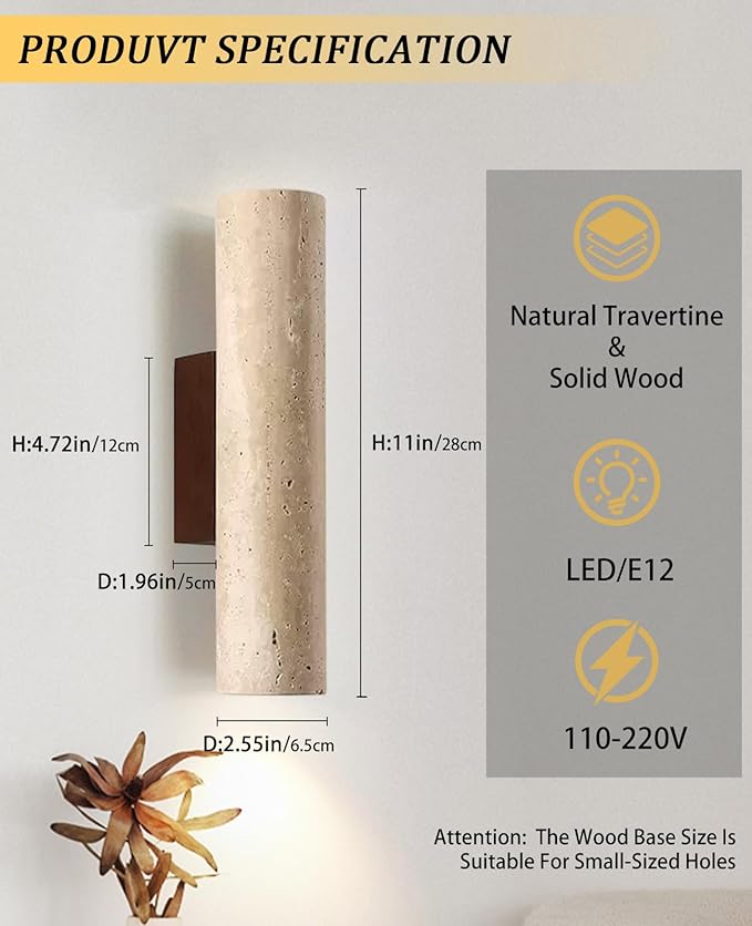 Outdoor Waterproof Wall Sconce 11 H Long Linear Natural Yellow Travertine Wall Lamp with Natural Stone Lampshade Wooden Base MCM Wall Sconce for House Patio Garage Entryway (Water Resistant)