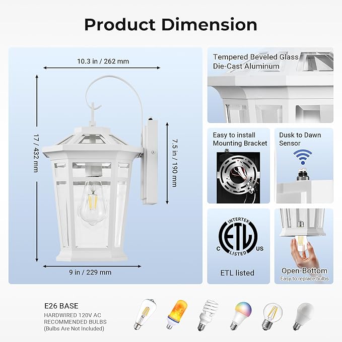 VIANIS Large Dusk to Dawn Outdoor Wall Lights White Exterior Wall Light 100%Aluminum Waterproof Front Door Light Fixture Outdoor Modern Outside Garage Lights Fixtures with Tempered Glass for House