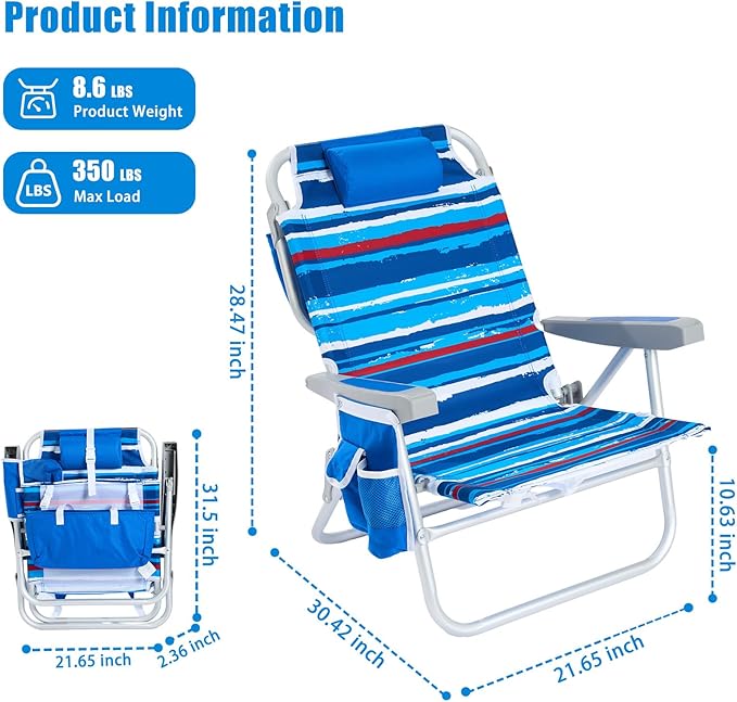 SUNNYFEEL Beach Chairs for Adults 2 Pack 5 Position Lay Flat Portable Folding Backpack Beach Chair Heavy Duty with Cooler Bag Cup Holder for Outdoor/Lawn/Picnic Foldable Camping Chair