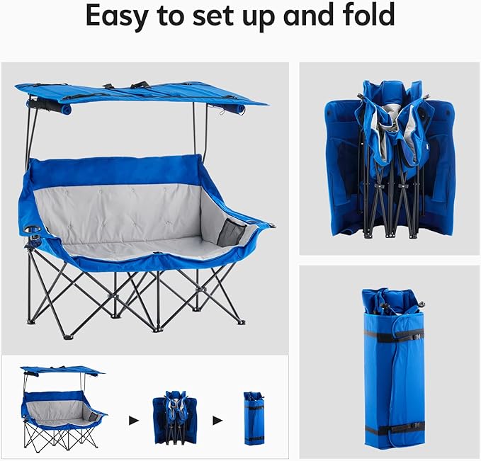Outdoor Folding Chair with Umbrella Camping Chairs Loveseat Double Oversized Outdoor Chair with Cup Holder&ampCanopy Shade for BBQ Beach Fishing Easy Fold and Carry (Blue+Grey)