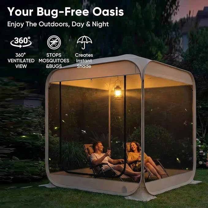TABU Pop Up Screen House Tent 6x6 FT Screen Room Canopy with Mosquito Mesh Instant UV Resistant Shelter with Carry Bag for 2-4 Person Backyard Sports Hiking Beige