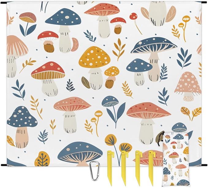 Waterproof Sandproof Beach Blanket 59''×68'' Autumn Mushroom Polyester Outdoor Picnic Blanket with 4 Stakes &amp Storage Bag for BeachCampingVacation White