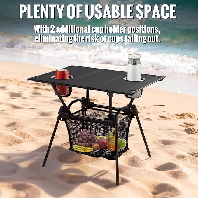 GARLLEN Folding Camping Table Ultralight Compact Beach Table with Fabric Tabletop Portable Folding Picnic Table with Cup Holder &amp Storage Net for Sand Camping Outdoor 23.2“L x 15.7”W