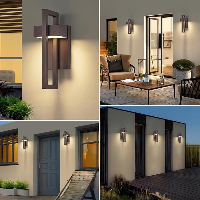 tewei 16.5'' Modern LED Outdoor Wall Sconce Integrated LED Outdoor Light Fixtures Wall Mount Exterior Lights Brown Front Porch Outside Lighting for House Backyard Warm White 3000K 2 Pack