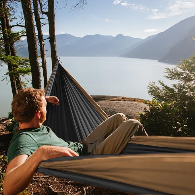 Fox Outfitters Neolite Single Camping Hammock - Lightweight Portable Nylon Parachute Hammock for Backpacking Travel Beach Yard. Hammock Straps &amp Steel Carabiners Included