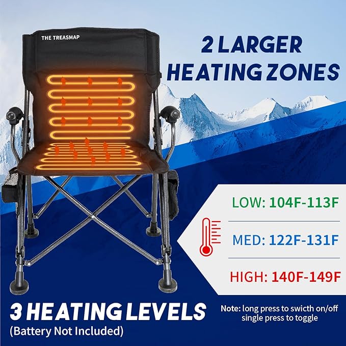 Heated Camping Chairs Adults Folding: Oversized Foldable Outdoor Chair for Outsides with Cup Holder – Heavy Duty Heating Portable Chair Sports Fishing Soccer Lawn Battery NOT Included (Black X Large)