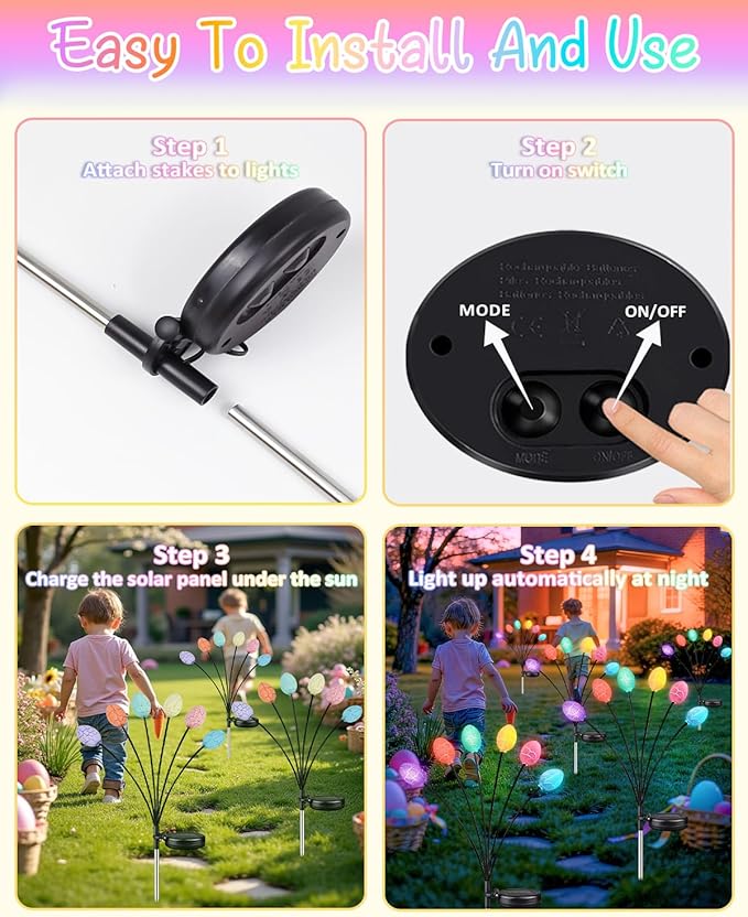 Upgraded 4 Pack Solar Easter Egg Lights Outdoor Colorful Swaying Firefly Lights with 2 Lighting Modes Waterproof Solar Pathway Lights for Spring Garden Lawn Yard Patio Porch Easter Decorations