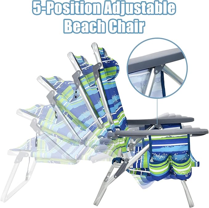 Giantex Folding Beach Chair Patio Sling Chairs with 5 Adjustable Position Head Pillow Storage Bag Towel Bar Cup Holders Backpack Chairs for Sunbathing Camping Chair
