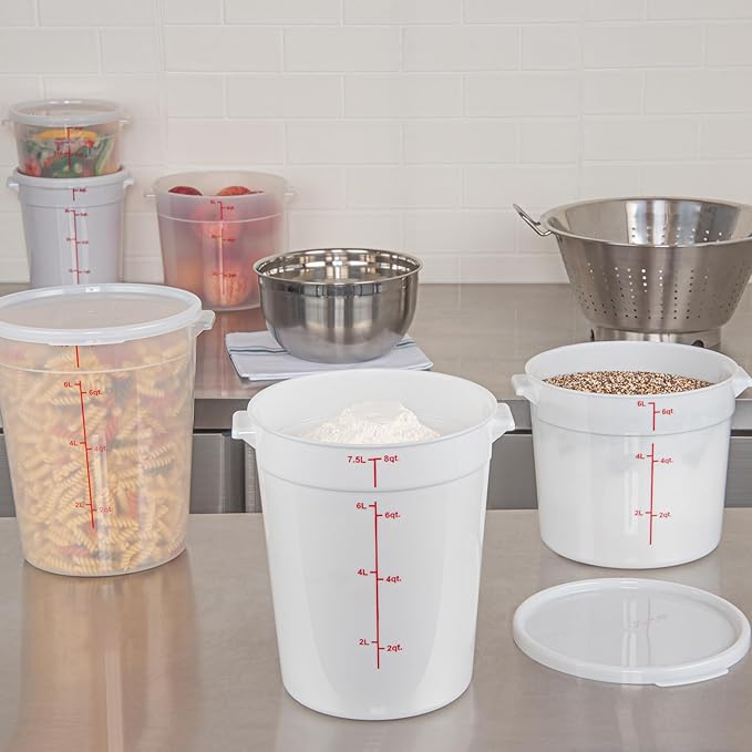 Restaurantware-Met Lux 8 Quart Food Storage Containers 10 White Storage Containers - Lids Sold Separately Red Volume Markers Dishwashable Containers Side Handles For Storing Foods
