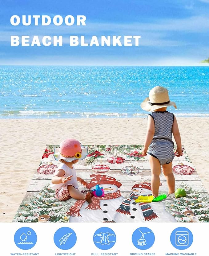 Beach Blanket Waterproof Sandproof OversizedChristmas Snowman Pine Tree Reindeer Beach Mat with Corner Stakes Sand PocketsPoinsettia Bell Wood Grain Picnic Mat for Travel Camping Hiking95x80In