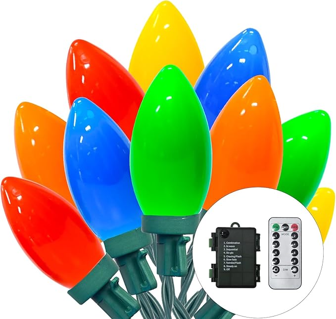 27.5FT C9 LED Christmas Lights Outdoor Battery Operated Lights with 8 Mode Remote Control 50 Twinkle Big Christmas Light for Colored Xmas Tree Light &amp Home Yard Lawn Decorations