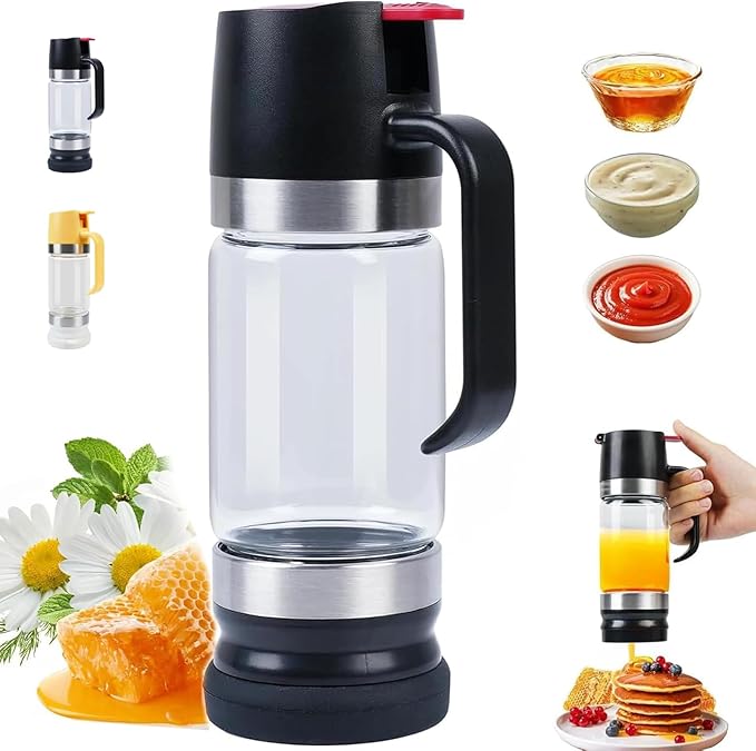 No-Drip Honey Dispenser Glass Honey Dispenser with Handle Press Type Bottom Outlet Design Easy One Hand Use Suitable for Honeys Coffee Syrup &amp Chocolate Sauce (Black-S)