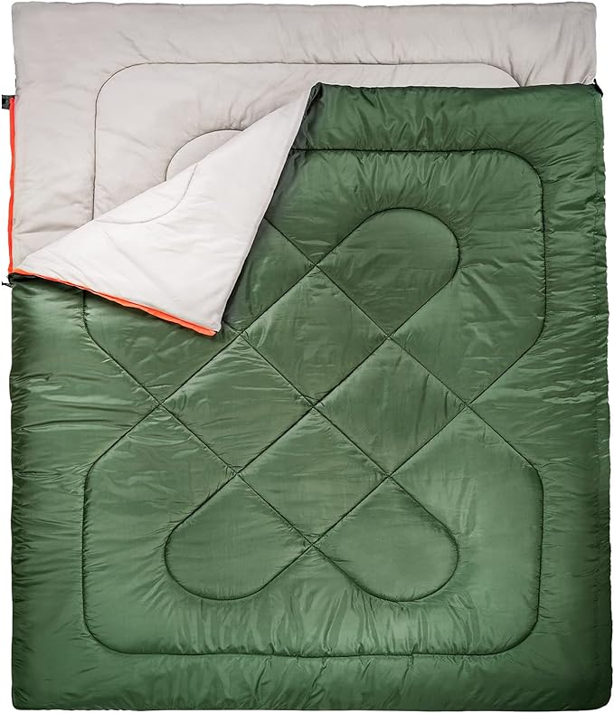 Amazon Basics 40°F Cold Weather Two-Person Sleeping Bag for Outdoor Camping Queen Size XL 87 x 59 Olive Green