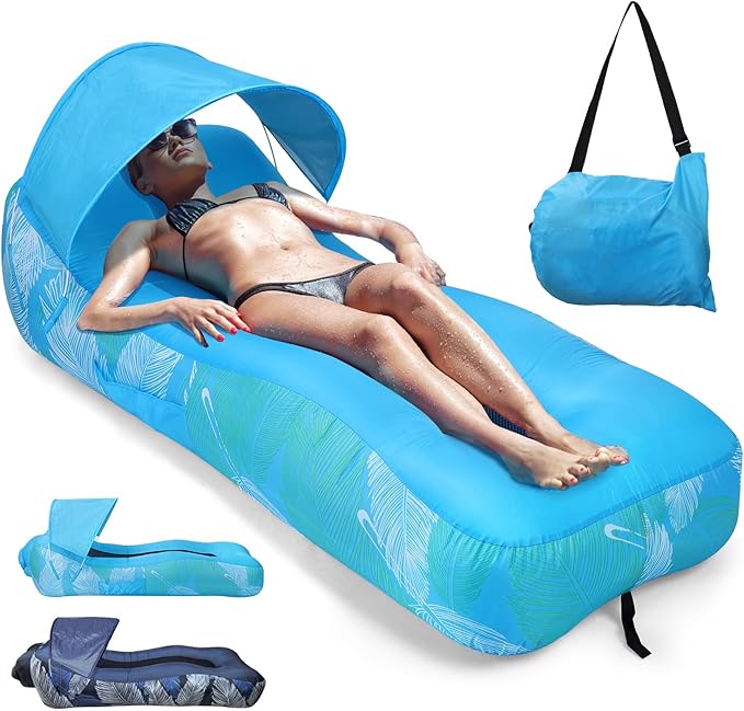 Inflatable Lounger Air Sofa with Sunshade for Adults Inflatable Couch with Mesh Back for Camping Sky Blue Feather