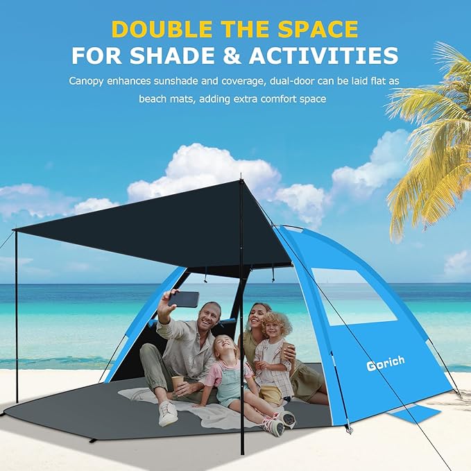 Gorich Beach Tent with Canopy - Easy Setup 3-4/5-6/7-8 Person Portable Sun Shelter UPF 50+ UV Protection Sun Shade Lightweight &amp Compact Beach Cabana for Family Travel