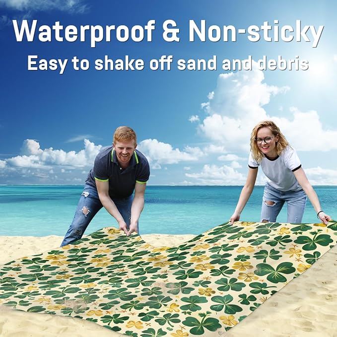 Waterproof Sandproof Beach Blanket 59''×68'' Plants Clover Polyester Outdoor Picnic Blanket with 4 Stakes &amp Storage Bag for BeachCampingVacation Yellow and Green