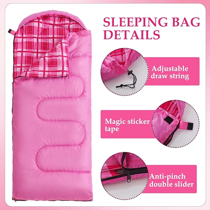 Uniqwamer Kids Sleeping Bag for Girls Boys - 4 Seasons Cold &amp Warm Weather Flannel Camping Sleeping Bags Lightweight &amp Waterproof 45°F Sleeping Bag for Camping Hiking Outdoor Travel