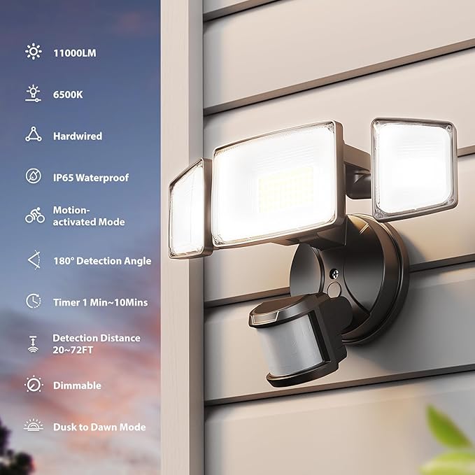 Onforu 100W LED Motion Sensor Outdoor Lights Dusk to Dawn Flood Light Outdoor Motion Sensor Hardwired Security Lights Floodlights Outside 11000LM 6500K Daylight IP65 Waterproof (Black)