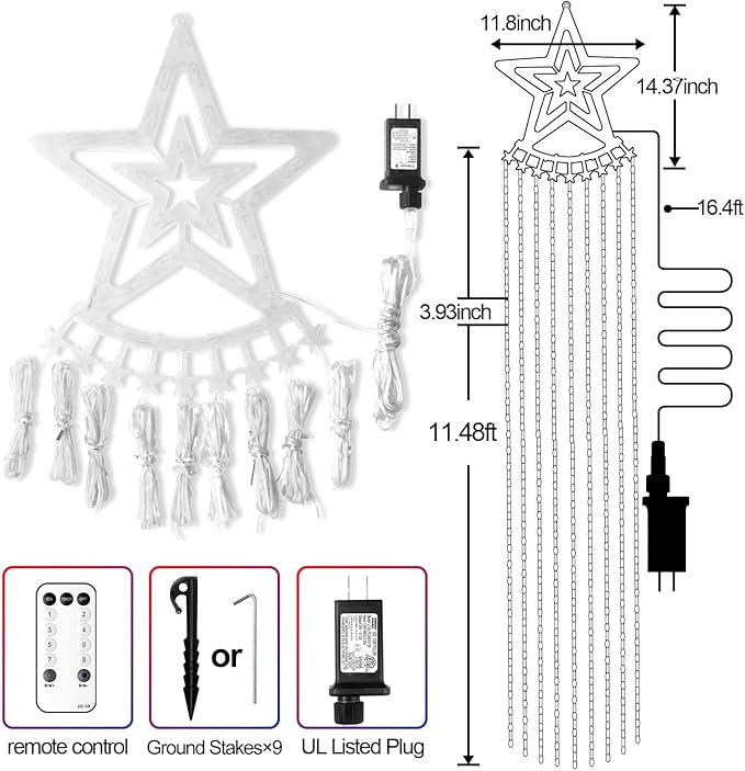 Christmas Decorations Star Lights Outdoor 11.48ft 350 LED Waterfall Tree Lights with 8 Modes Timer Remote Plug in Christmas Lights for Indoor Yard Patio Home Holiday Party Decor Pure White