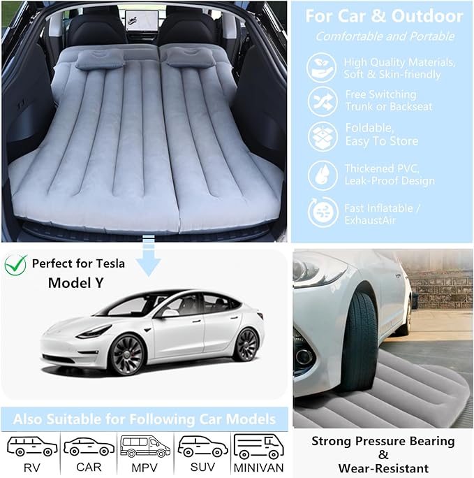 Car Air Mattress - Camping Bed Inflatable Airmattress for Tesla Model Y Backseat Trunk 6.4FT Foldable Pad Portable Car Air Bed Sleeping Mat for SUV RV VAN Truck Travel Tent Road Trip Home (Grey)