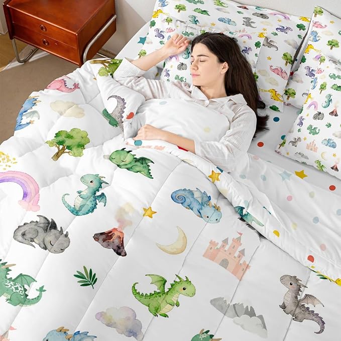 Baby Dragon 7 Piece Bedding Set Full Size Animal Comforter Set with SheetsPillowcases &amp Cushion Cover for Boys Girls Bedroom Decor Cartoon Wildlife Bed in a Bag Microfiber Women Men White Green